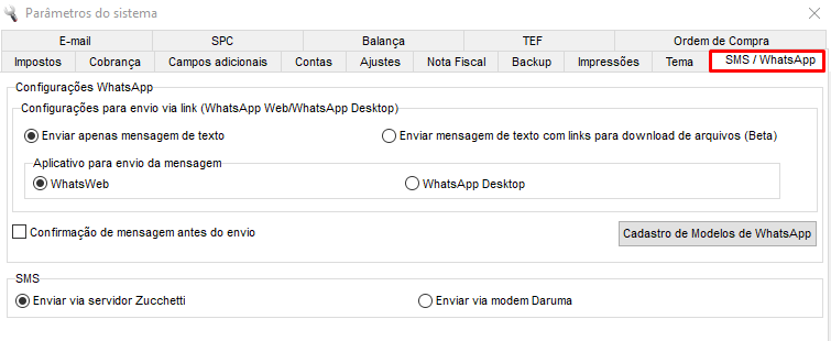 Aba SMS / WhatsApp em Configurações - Parâmetros Aba SMS / WhatsApp
