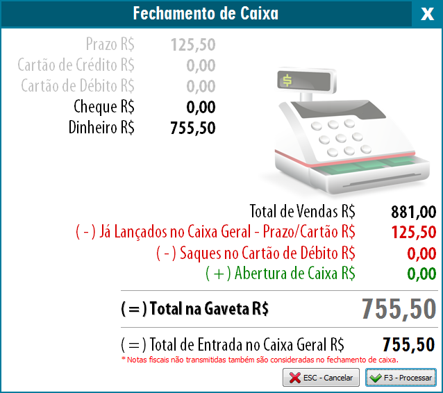 Tela de fechamento de caixa da NFC-e com os valores por forma de pagamento Tela de fechamento de caixa