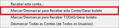Opção Marcar/Desmarcar para Receber esta Conta/Gerar boleto Opção Marcar conta para gerar boleto