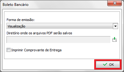 Janela de opções para gerar os boletos das contas marcadas Janela de opções de geração dos boletos
