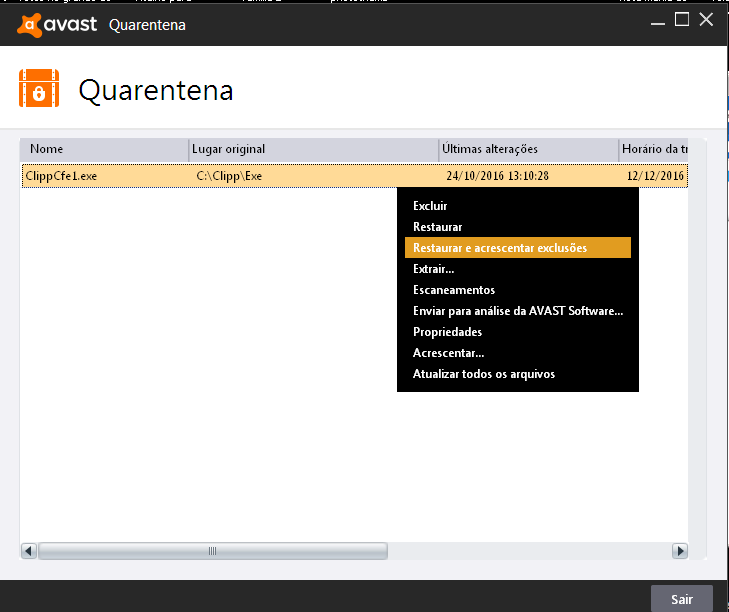 Opção Restaurar e acrescentar exclusões na quarentena do Avast Restaurar e acrescentar exclusões