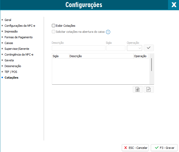 Acesso a Configurações (F10) - Cotações Configurações - Cotações
