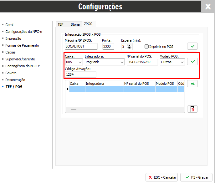 Preenchimento da Integradora PagBank, série e código de ativação Configuração da integradora PagBank