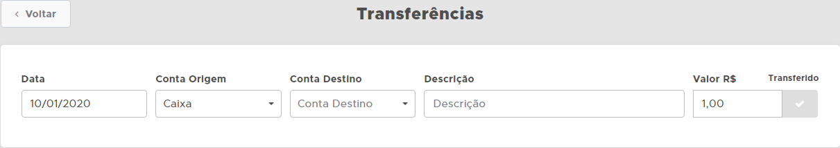 Tela de lançamento de uma transferência entre contas Tela de transferência