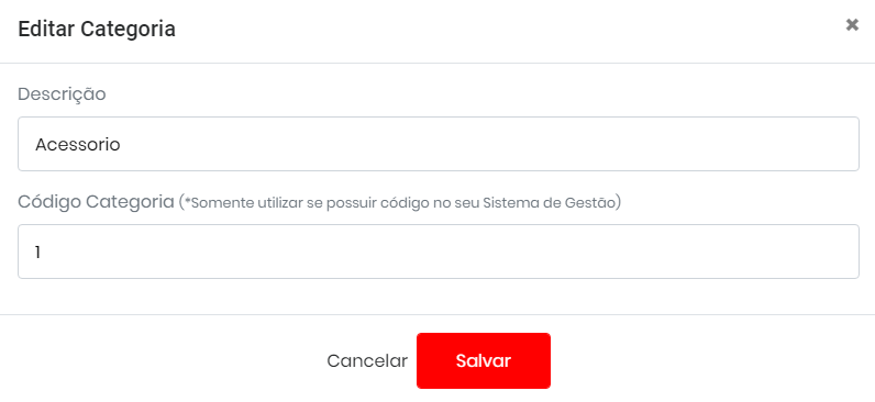 Edicao de descricao e codigo categoria do grupo Editar categoria
