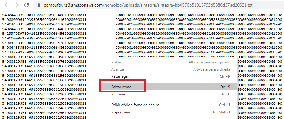 Opção salvar como no botão direito após gerar o Sintegra Salvar como o arquivo Sintegra