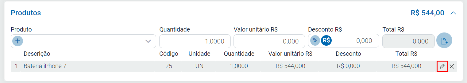 Ícone de lápis para editar o item da importação Ícone de lápis para editar o item