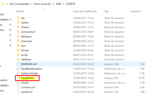 Arquivo CardSE.bin na pasta SiTef CONFIG Arquivo CardSE.bin na pasta CONFIG