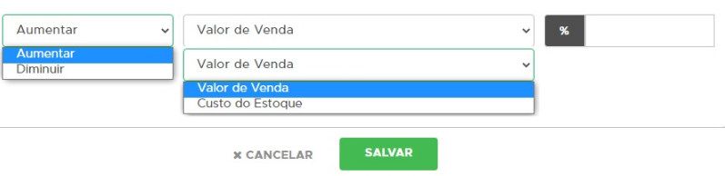 Definição do percentual de aumento ou redução de preço Percentual de ajuste de preço