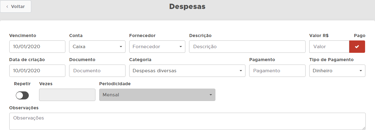 Tela de lançamento de uma nova despesa Tela de lançamento de despesa