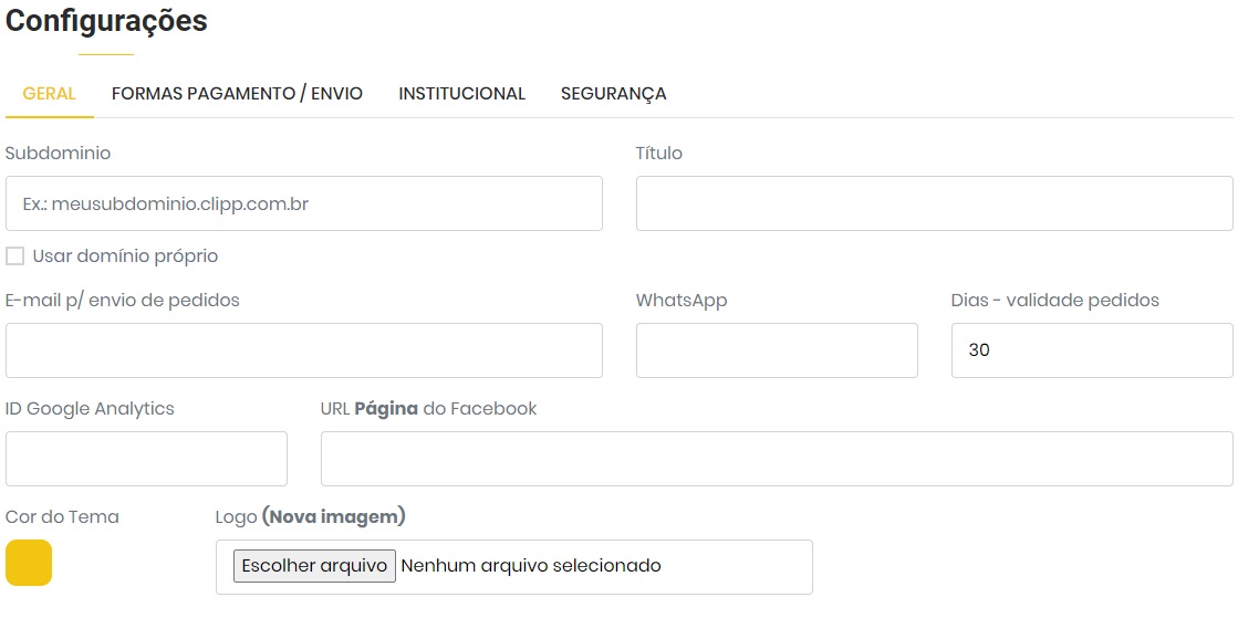 Aba Configuracoes com sub-dominio, e-mail e logo da empresa Configuracoes do Ecommerce